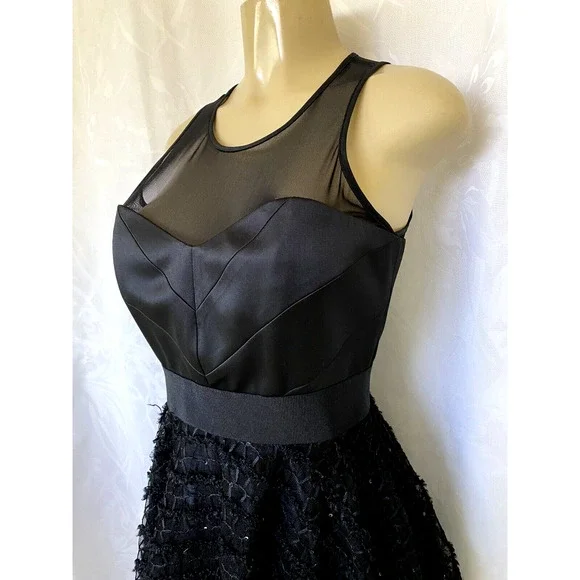 Milly Dress Mesh Satin Lace Sleeveless Fit Flare Black Round Neck Back Z… - Picture 4 of 5